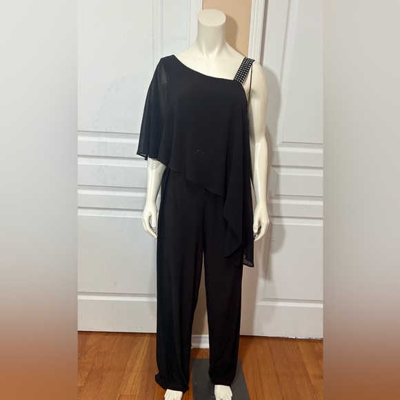 EMMA & MICHELE BLACK JUMPSUIT ONE SHOULDER STUDDED AND ONE SHAWL ELASTIC WAIST S - Picture 3 of 10